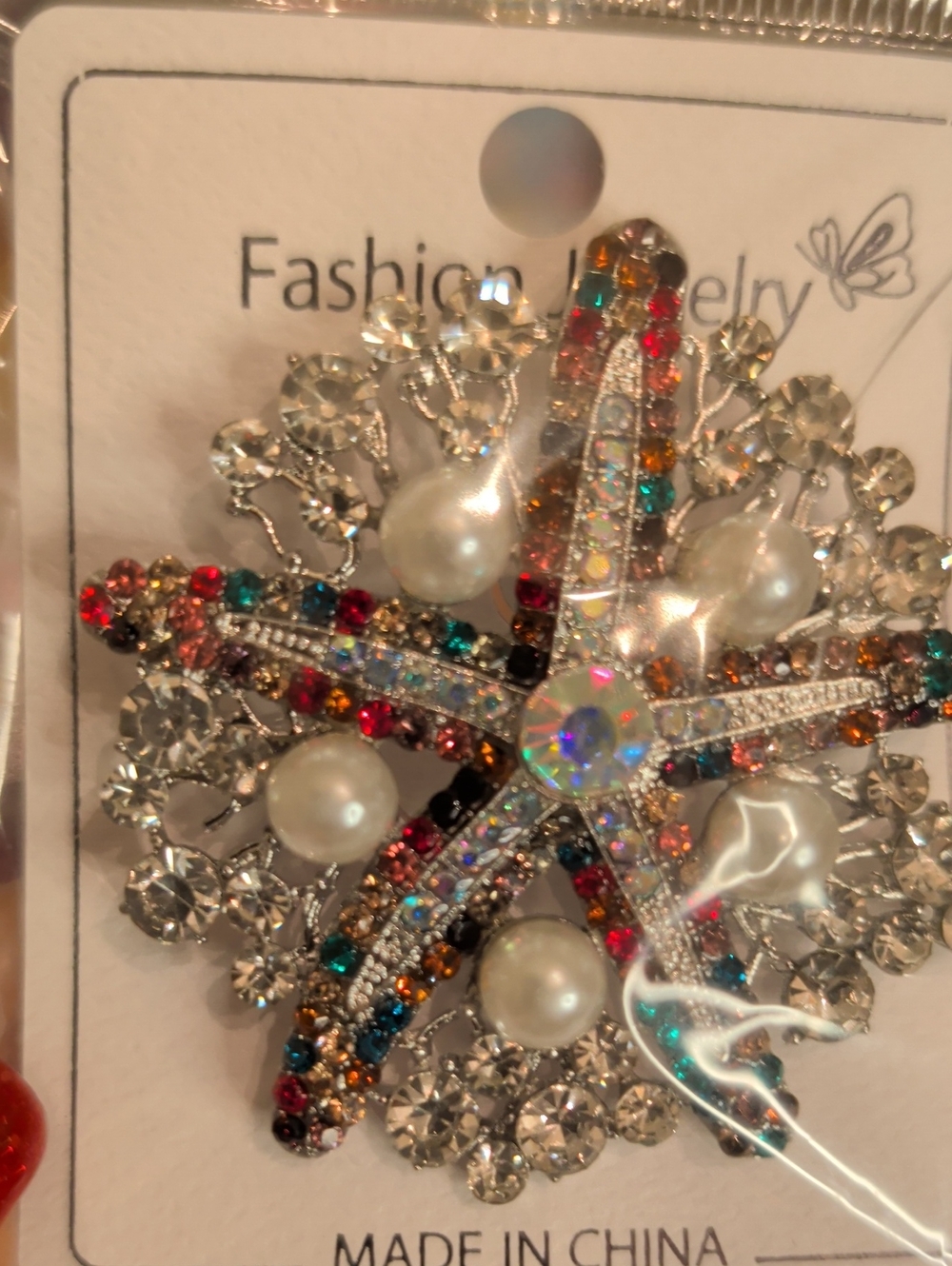 Fashion Jewelry Multicolor Rhinestone Starfish Brooch with Pearls